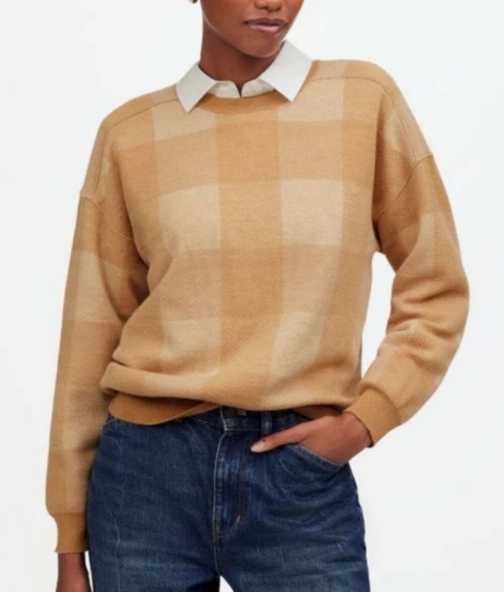 Madewell Women Merino Wool Gingham Check Sweater XS/S Brown Heritage Preppy Knit